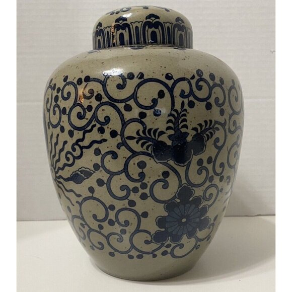 Vintage Cobalt Blue Gray Porcelain Ginger Jar Lid Phoenix Pattern 8" High - Picture 3 of 10